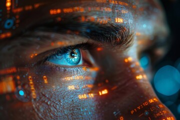 A man's eye with futuristic digital data overlay, representing high-tech concepts