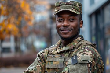 A confident military man dons camouflage uniform, radiating strength and discipline in an urban environment - obrazy, fototapety, plakaty