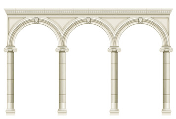 Antique white colonnade with Ionic columns. Three arched entrance or niche. Vector graphics