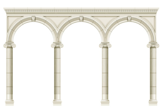 Antique white colonnade with Ionic columns. Three arched entrance or niche. Vector graphics
