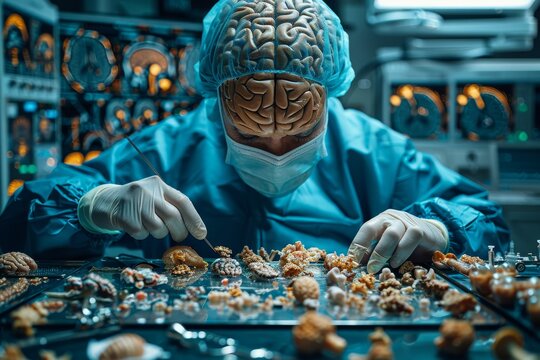 A dramatic depiction of a focused surgeon sorting through brain models and medical instruments