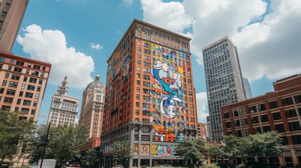 Fototapeta premium Vibrant urban mural transforms city building, adding color and character to the urban landscape