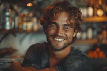 Obraz premium Portrait of a joyful man with curly hair, warm smile, and a light beard, set in a cozy indoor environment