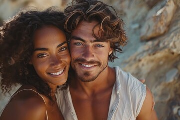 Naklejka premium Love and happiness radiate from an interracial couple embracing at the beach at golden hour