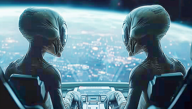 Two alien beings with elongated heads and large eyes sit at a control panel overlooking a cityscape and Earth from their spacecraft. Future space traveling scene is both futuristic and intriguing.