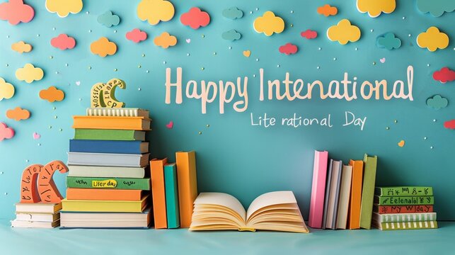 A Colorful Photo of an International Literacy Day Poster Background with the Text "Happy International Literacy Day" 