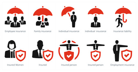 A set of 10 Insurance icons as employee insurance, family insurance, individual insurance