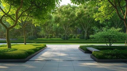 Fototapeta premium Walkway In The Park With Greenery And Trees.