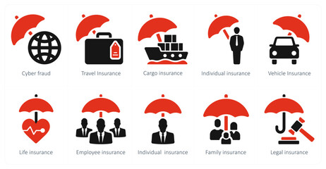 A set of 10 Insurance icons as cyber fraud, travel insurance, cargo insurance