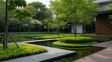 A Walkway In The Park Surrounded By Greenery And Trees.