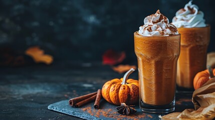 Autumn fall pumpkin smoothie drink with whipped cream and cinnamon served in glasses - obrazy, fototapety, plakaty