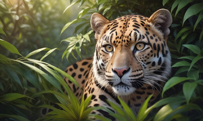 Obraz premium The jaguar, a wild animal, sneaks through the forest bowl and overgrows
