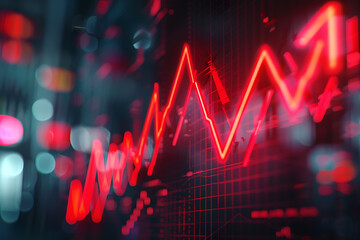 Fototapeta premium A vibrant red arrow points upwards against a Stock Exchange backdrop, symbolizing financial growth and market trends.