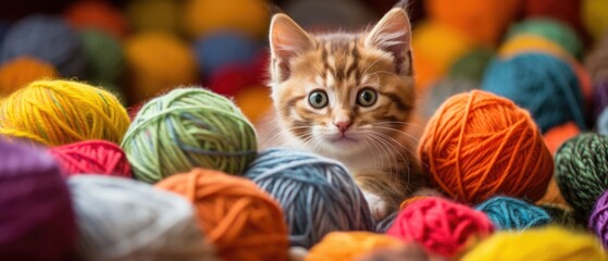 Kitten sitting among balls of yarn