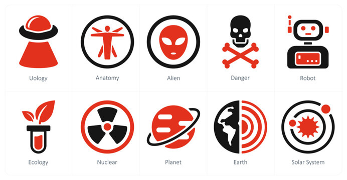 A set of 10 Science and Experiment icons as ufology, anatomy, alein