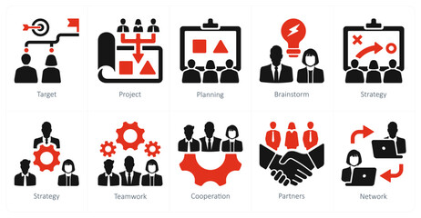 A set of 10 Teamwork icons as target, project, planning, brainstorm