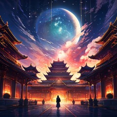 a fantastic palace with a view of the moon, generative ai