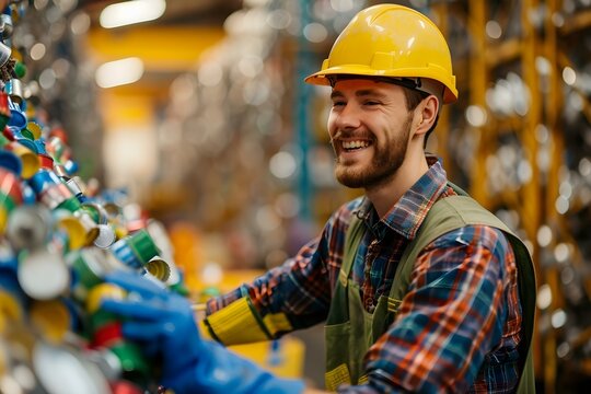 Happy employee sorting recyclables at recycling plant. Concept Recycling plants, Sustainable workplace, Eco-friendly practices, Employee happiness, Recycling efforts