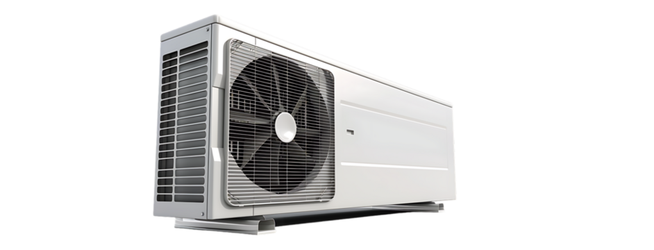 A simple white air conditioner with an exterior fan, white background