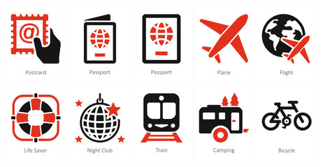 A set of 10 Travel and vacation icons as postcard, passport, plane