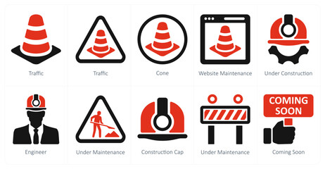 A set of 10 Under Construction icons as traffic, cone, website maintenance