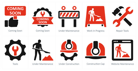 A set of 10 Under Construction icons as coming soon, under maintenance, work in progress