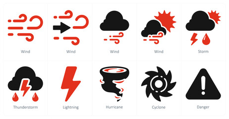 A set of 10 Weather icons as wind, storm, thunderstorm