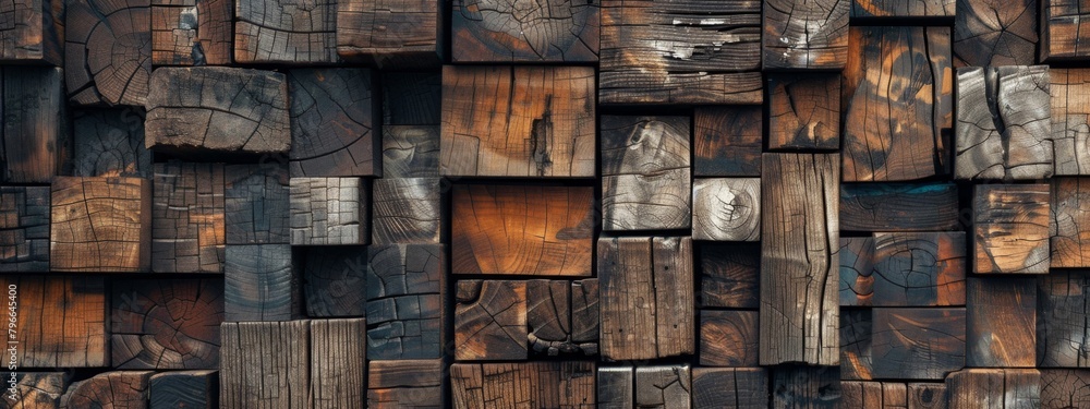 Poster abstract block stack wooden 3d squares and rectangles cubes on the wall for background banner panora