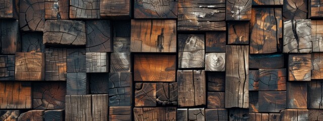 Abstract block stack wooden 3d squares and rectangles cubes on the wall for background banner panorama - Brown wood texture for backdrop or wallpaper - obrazy, fototapety, plakaty