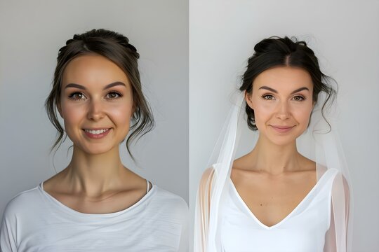 Before and after bridal beauty makeover showcases natural to radiant transformation. Concept Bridal Makeover, Natural Beauty, Radiant Transformation, Before and After, Bridal Glam