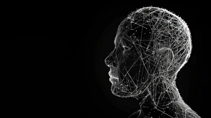 Back view of connecting lines in a 3D head representing Artificial Intelligence on black background 