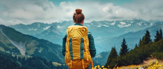 a woman with yellow backpack and green trekking clothes enjoys the view from the top of a mountain - Powered by Adobe