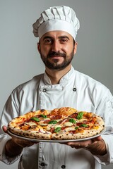 Satisfied positive chef holding delicious appetizing pizza in his hands