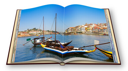 Typical portuguese wooden boats, called barcos rabelos, used in the past to transport the famous port wine (Porto-Oporto-Portugal-Europe) - 3D render of an opened photo book