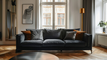 Fototapeta premium dark three-seat sofa, modern Manhattan flat floor luxury apartment, wooden floor, bright natural light, soft colors, comfort, rich details, warm atmosphere, relaxation