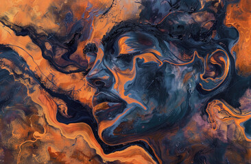 an orange and dark blue mans face made of flowing clouds of color, textured patterns resembling rock formations