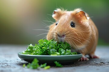 Brown and white guinea pig eating greens on a plate