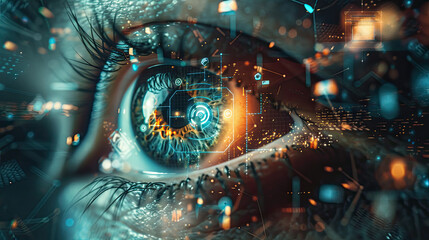 An eye with digital elements and icons floating around it, representing the use of AI in vision checkups Round unique hyper-realistic