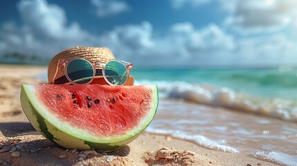 A slice of watermelon on a hot beach day with 3D pop sunglasses and sunhat epitomizing summer cool - Powered by Adobe