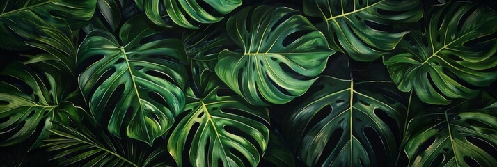 Tropical pattern with beautiful monstera, palm leaves. Dark vintage 3D illustration. Glamorous exotic abstract background design. Good for luxury wallpapers, fabric printing, goods. High quality photo
