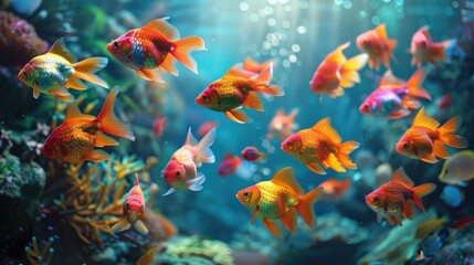 Several fish of various colors and sizes swimming together in a large aquarium tank.