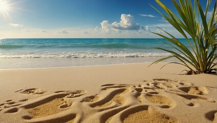 Beautiful paradise beach with golden sand and palm leaves. Generative AI WATER FLOW 