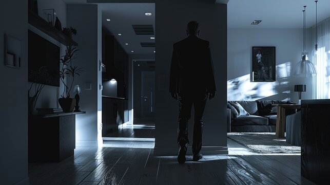 Man walking down dark hallway at night - Powered by Adobe