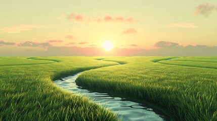 3D pop art of a rice paddy field with layers of green stalks leading towards a setting sun on the...