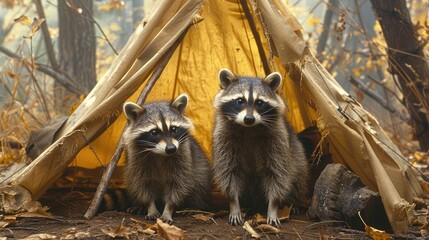 Watch as a group of curious raccoons investigate a human campsite in this charming 4K wallpaper. Their mischievous nature and masked faces add a touch of intrigue. - obrazy, fototapety, plakaty