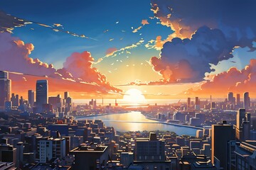 country skyline at sunset, the scenery of Seoul in the future, generative ai