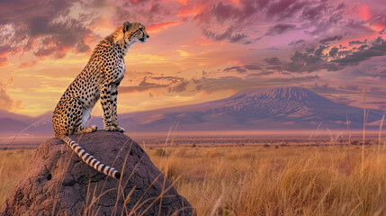 A cheetah poised on a termite mound, surveying the vast savanna, the panoramic view encompassing the vibrant colors of the setting sun against the mountains.