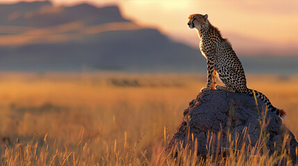 A cheetah poised on a termite mound, surveying the vast savanna, the panoramic view encompassing the vibrant colors of the setting sun against the mountains. - obrazy, fototapety, plakaty