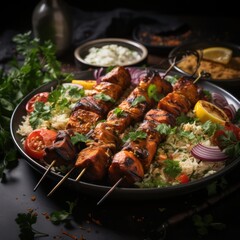 shish kebab on skewers served with rice, herbs and spices