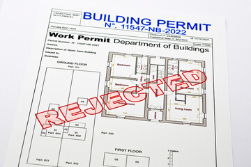 Rejected Buildings Permit concept illustration with refusing residential building project